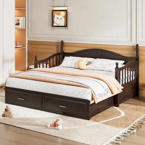Image of Merax Modern Wood Daybed with Pop Up Trundle Twin to King Extendable Sofa Bed Frame for Kids Teens Adults /No Box Spring Needed Espresso