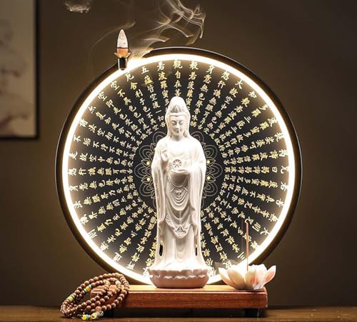 Conjunto De Altar Cerámica con Estatua Guanyin con Luz LED Y Porta Incienso Mesa Altar Personal Buda para Ofrendas En El Templo, Ofrendas Devocionales(Orange)