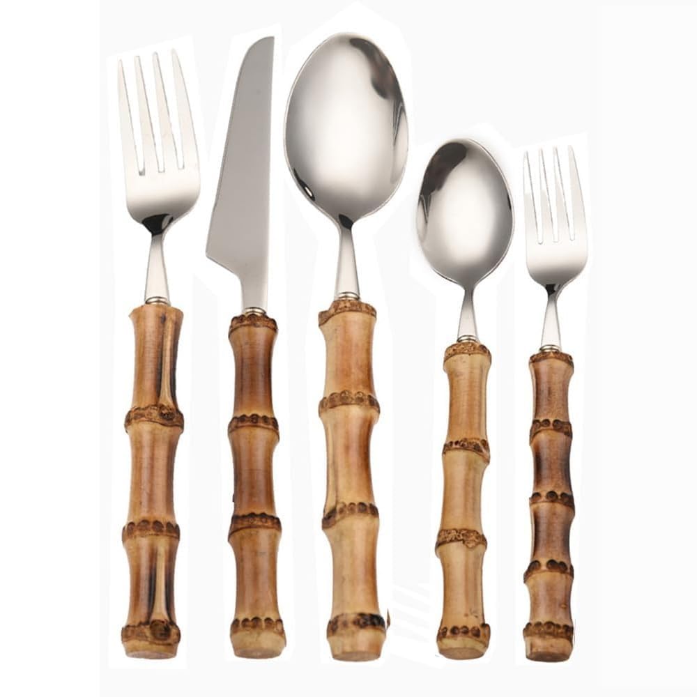 Este Juego de Cubiertos de Acero Inoxidable con Mango de bambú de 24 Piezas Incluye Cuchillos, Tenedores y cucharas, además de un Soporte para Cubiertos. Ideal para el hogar, para Servir Car