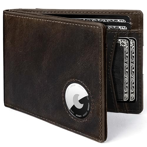 Image of Mens Wallet with AirTag Holder, Bifold Full Grain Leather AirTag Wallet with ID Window RFID Blocking Gifts for Men, Dad, Husband, up to 12 Cards