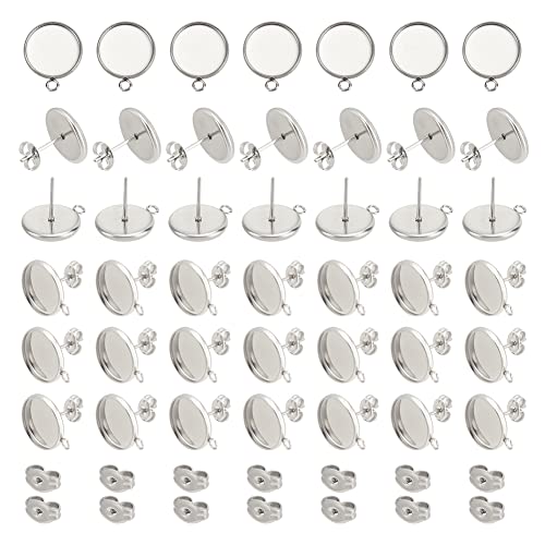 UNICRAFTALE 60pcs 12mm Round Bezel Earring with Loop Cup Tray Earrings with Ear Nuts Stainless Steel Stud Earring Findings for DIY Jewellery Making Stainless Steel Color