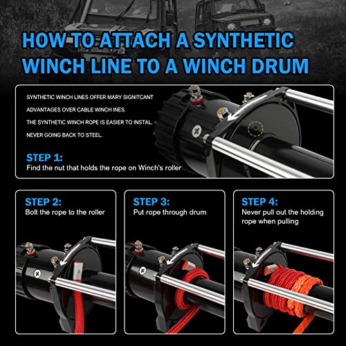 STEGODON 3/8" x 100ft Synthetic Winch Rope 23,809lbs Dyneema Winch Cable Line with Hook and Sleeve Protection Car Tow Recovery Cable for 4WD Off Road Vehicle Truck SUV Jeep(Blue) - Thumbnail 6
