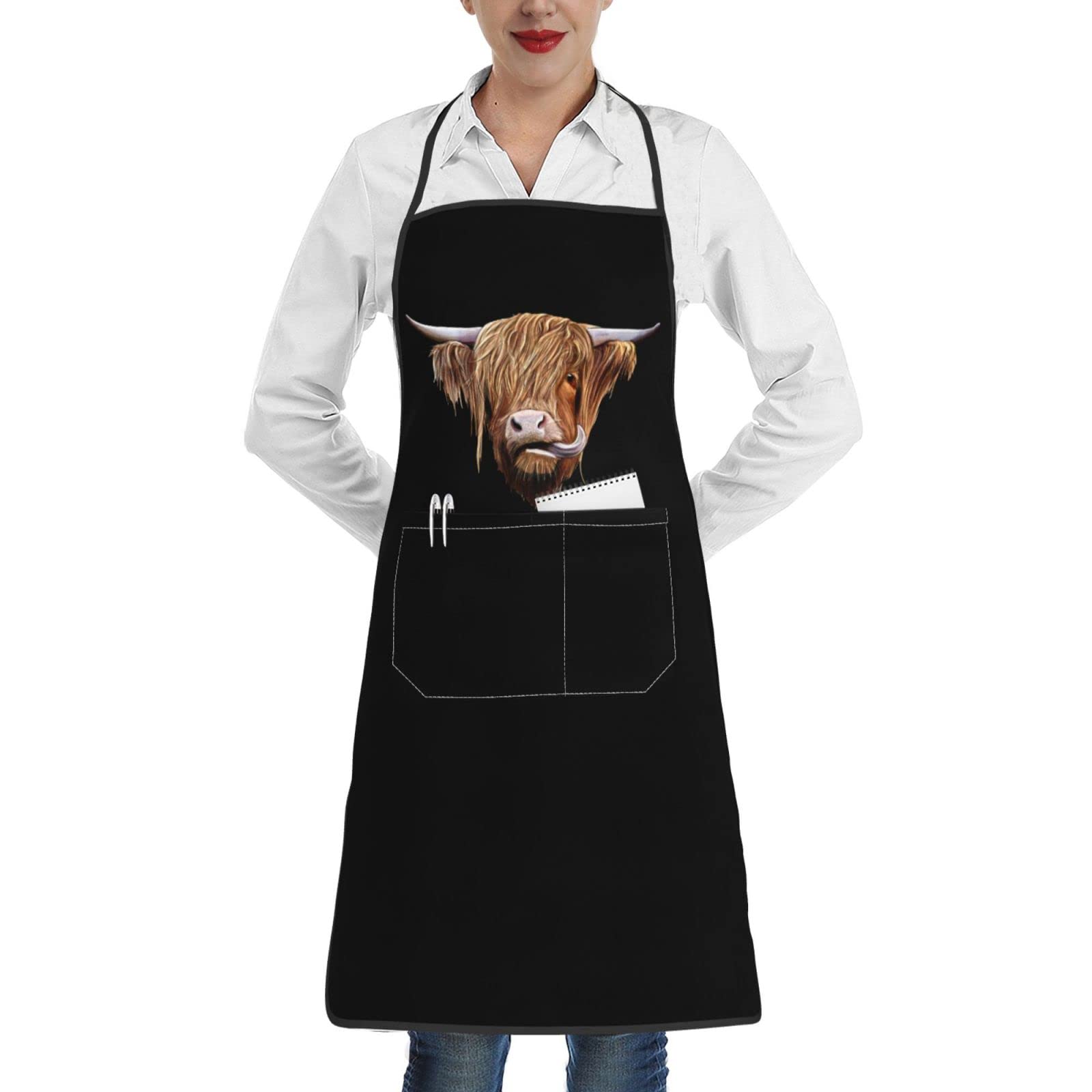 Iubbki Unisex As Pic Highland Scottish Cow Apron Kitchen Apron With Pocket For Women Men Adjustable Wai Cloth Waterproof Chef Bib Fit Cooking Baking Drawing Bbq