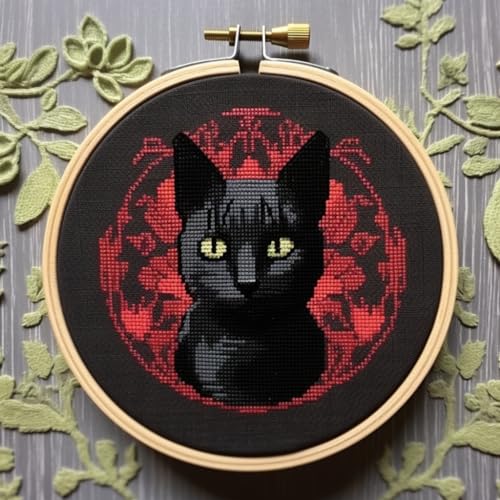 Generic Black Cat DIY Stamped Cross Stitch Kits Easy for Beginners and Children with Hoop 11CT Needlepoint Counted Embroidery Kits Art Craft Wall Decoration 12x12inch(3)