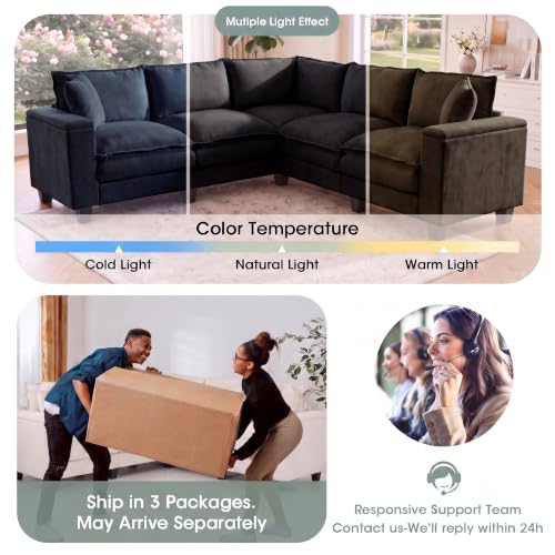 Image of 97 inch V Shaped Sectional Couch, Comfy Chenille Upholstered Modular Cloud Sofa, Convertible L Shaped Corner Couch with Storage Armrests & 2 Pillows, 5 Seat Sectional Couches for Living Room, Black