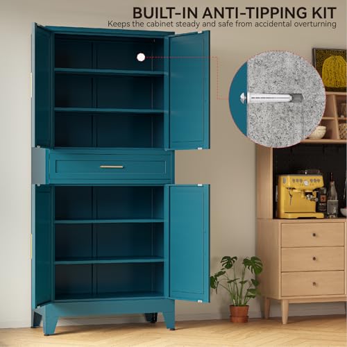 Image of COFaR 71 inch Pantry Cabinet with Drawer, Peacock Blue Storage Cabinet with Adjustable Shelves, 3-Section Modern Statement Cupboard for Kitchen & Bathroom