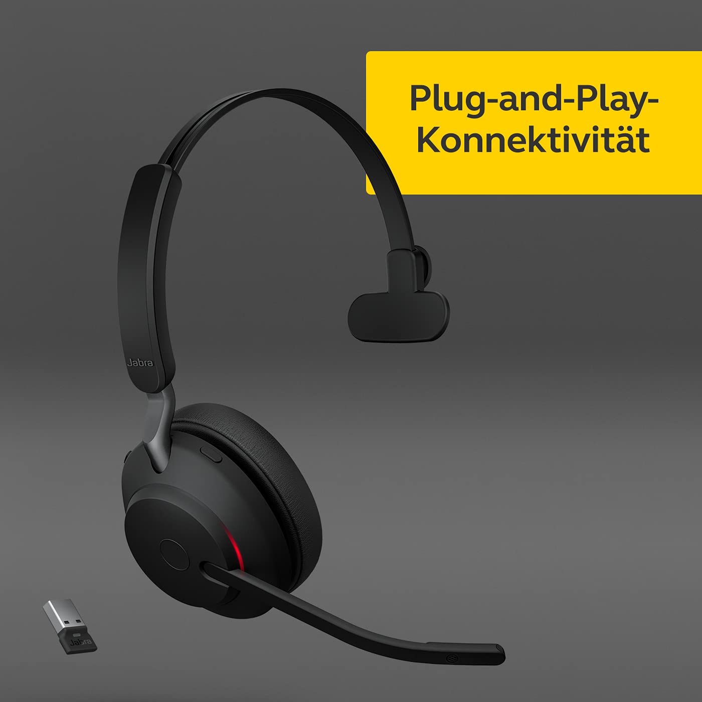 Jabra Evolve2 65 Wireless PC Headset – Noise Cancelling UC Certified Mono Headphones with Long-Lasting Battery – USB-A Bluetooth Adapter – Black