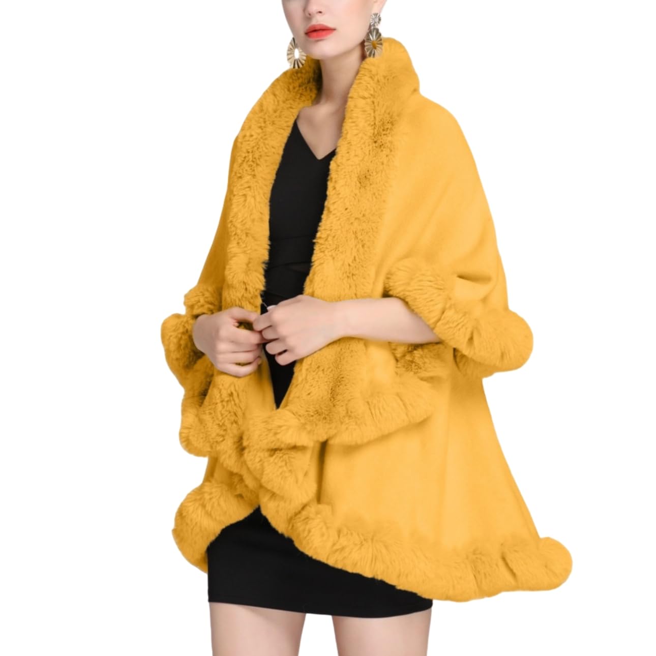 Scialle Cerimonia,Poncho Invernali da Donna in Maglia, Collo in Pelliccia Sintetica Color Cammello, Cardigan in Maglia con Apertura Frontale, Mantello Oversize, Sciarpa Calda, Coperta Avvol