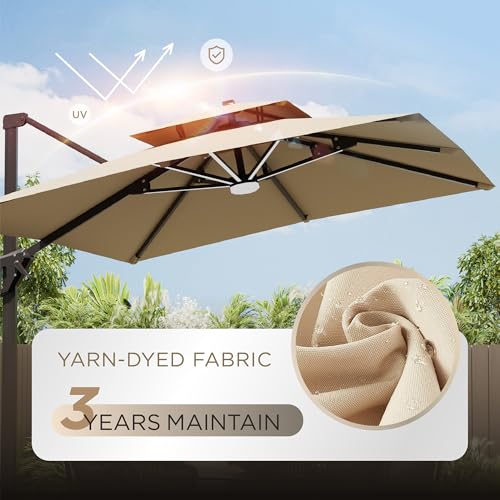 Image of 10' X 13' Patio Umbrella with Weighted Base and LED Lights Outdoor Cantilever Large Rectangle Offset Umbrellas Heavy Duty Aluminum Double Top with 360-degree Rotation for Pool Garden Deck, Beige