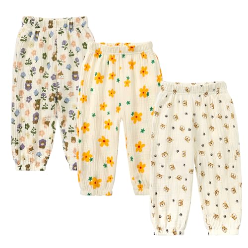 Image of Kids Tales 3 Pack Boys Girls Cotton Linen Pants Child Basic Plain Solid Trousers Big Kids Elastic Waist Long Pants Bloomers