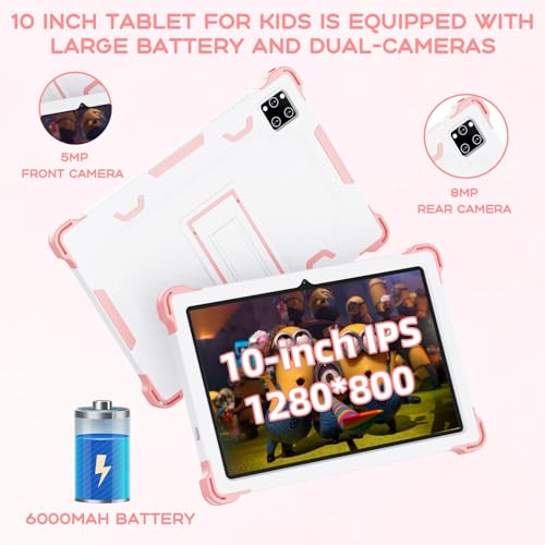 Image of 10 Inch Android 15 Kids Tablet, 10GB RAM 64GB ROM, 6000mAh Battery, Parental Control, Iwawa Educational Learning Apps, Tablet for Kids 3-7(Pink)