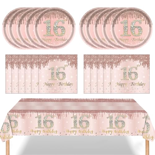 49PCS 16th Birthday Decorations for Girls Rose Gold Theme Birthday Party Including Happy Birthday Plates Napkins Tablecloth for Sweet Girls 24 Guests