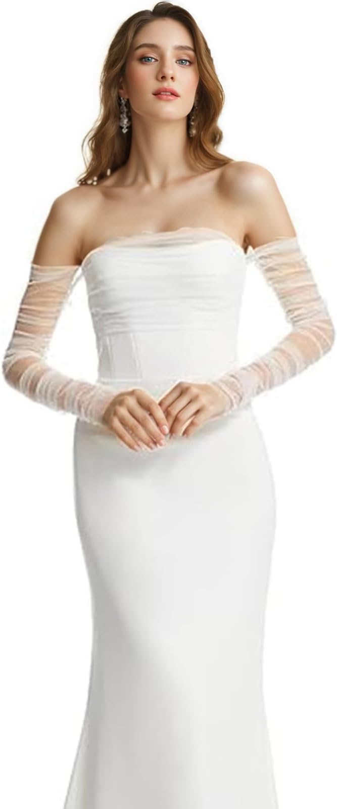 EiaorkLong Wedding Tulle Gloves - White Pearl Bridal Elbow Length Summer Fingerless Gloves for Women and Girls