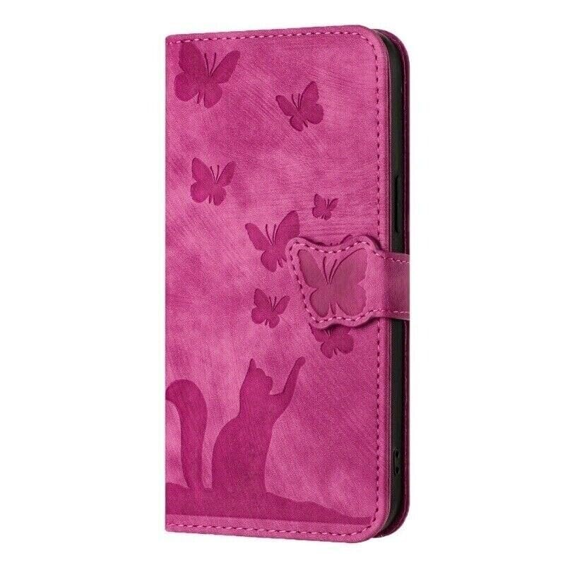 Étui compatible avec iPhone 16e rose protection cuir rabat clapet portefeuille chat