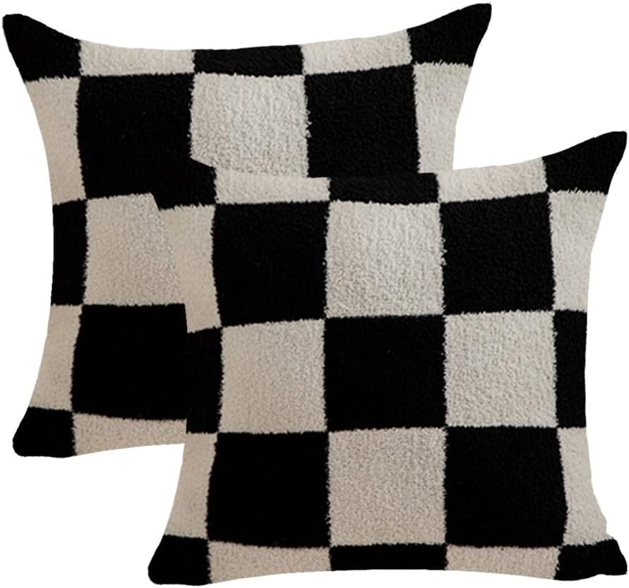 NIDITW Set of 2 Ultra Soft Black Checkerboard Throw Pillow Cover Microfiber Chessboard Gingham Cushion Case Cozy Fuzzy Checkered Pillowcase Decor for Home Sofa Couch 18x18 Inches (1-Black)