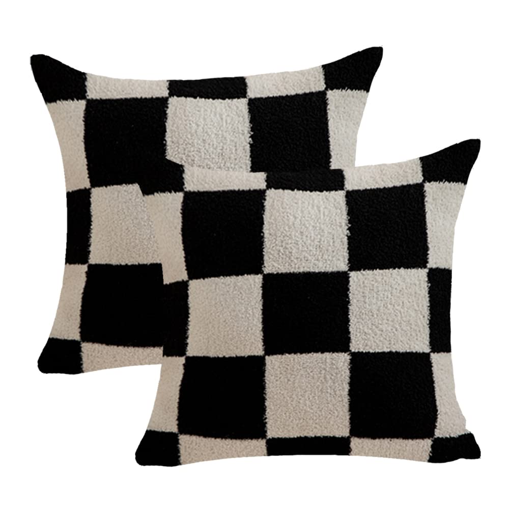 NIDITW Set of 2 Ultra Soft Black Checkerboard Throw Pillow Cover Microfiber Chessboard Gingham Cushion Case Cozy Fuzzy Checkered Pillowcase Decor for Home Sofa Couch 18x18 Inches (1-Black)