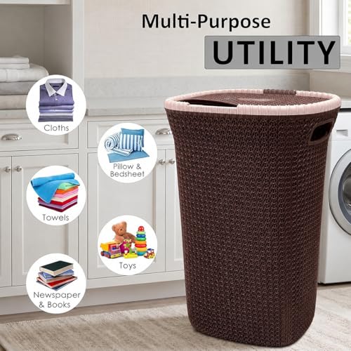 Image of KITCHIVO Plastic Large 55 Ltr Laundry Basket with Lid & Handle | Multipurpose Hamper Bins Storing Washable Clothes, Blankets | Household Ideal for Home & Bathroom (Marriott Brown Laundry Basket)