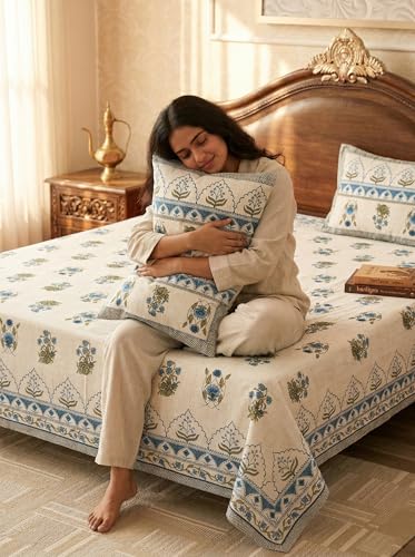 Image of Mafatlal 144 TC Jaipuri Cotton King Bedsheet | 90 x 108 Inches | Traditional Design | Smooth, Long-Lasting & Soft | 2 Pillow Covers | White Alyssum