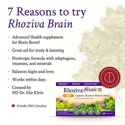 Rhoziva Brain Supplement. Memory, Focus, Cognitive Health, Concentration Support & Natural Stress Relief. Bacopa Monnieri, Rhodiola Rosea, Biotin. Nootropic Brain Supplement. 60 Capsules (Pack Of 1) #TOP2