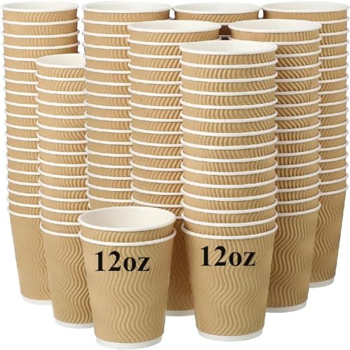 A406 12oz Kraft Ripple Coffee Cups 500 with Black Lids Ripple Insulated Paper Cups, Coffee Paper Cup, Drinking Mug Brown Leak Proof Cup Ideal for Serving Tea, Water (Without Lid)