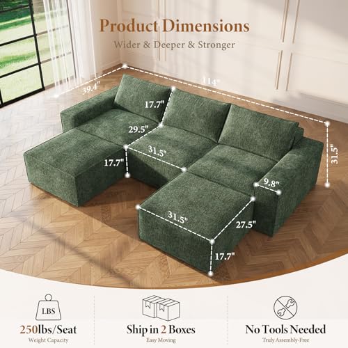 Image of Vesgantti 114 inch Boneless Modular Sectional Sofa, Modern U Shaped 5 Seater Couch with 2 Ottoman & Deep Seat, Convertible Chenille Cloud Couches for Living Room, No Assembly Required, Green