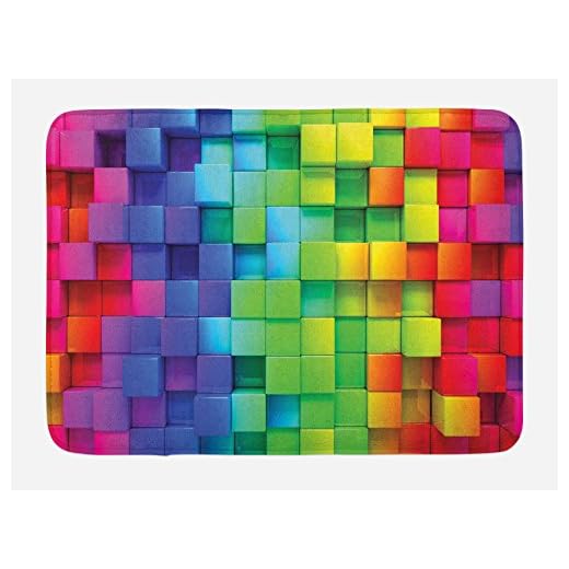 Ambesonne Colorful Bath Mat, Rainbow Colored Contour Display Futuristic Block Brick-Like Geometric Artisan, Plush Bathroom Decor Mat with Non Slip Backing, 29.5" X 17.5", Rainbow Colors