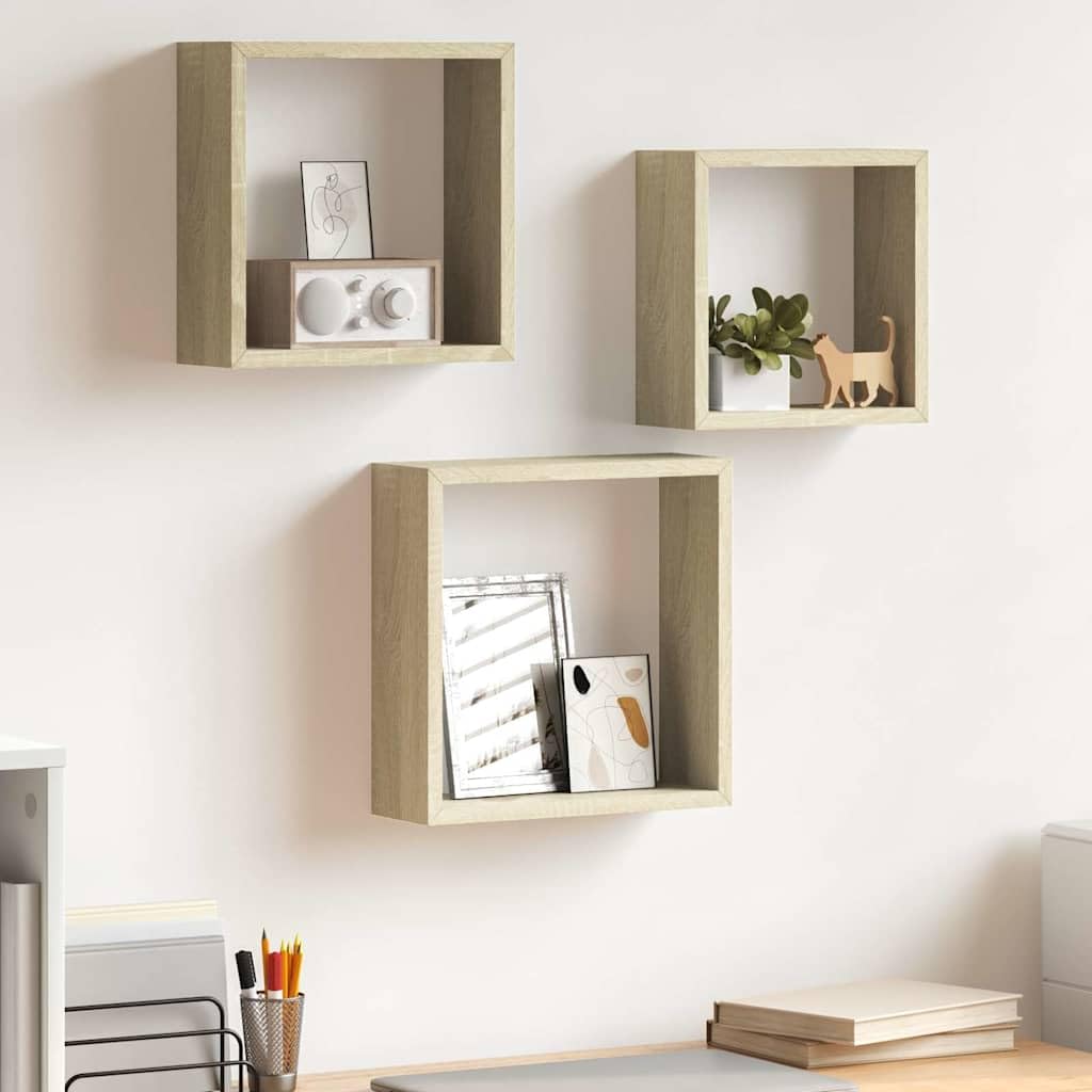 Set di 3 mensole da parete a forma di cubo, in MDF, rovere Sonoma