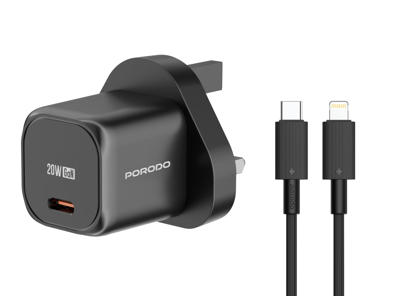Porodo UK GaN Charger with Type-C to Lightning Head Cable, PD 20W Fast Charge, Universal Compatibility, Overheat Protection, Safe & Reliable Charging, Lightweight & Portable - Black