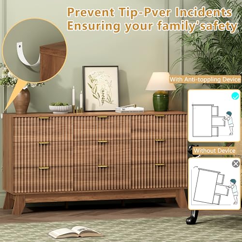 Image of Wodeer 9 Drawer Fluted Dresser for Bedroom, Mid Century Modern Wooden Dresser with 9 Drawers, Dressers & Chests of Drawers with Metal Handle, TV Stand & Storage Organizer for Entryway, Hallway, Walnut