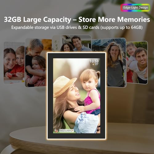 Image of FRAMEO WiFi Digital Picture Frame,Edge-Light Design10.1 inch Photo Frame 32GB,HD IPS Touch Screen LED Light, Wall-Mounted,Easy Set Up Share Photos and Videos via Frameo App