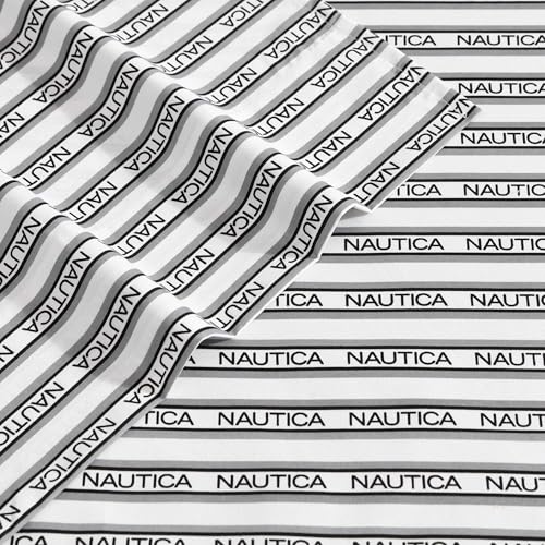 Image of Nautica - Full Sheet Set, Breathable & Cooling Microfiber Bedding with Matching Sham(s), Casual Bedding Set (Striped Nautica Logo Grey, Full)