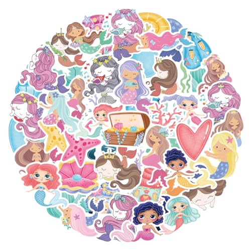 MARSFORCE Kawaii Meerjungfrau Aufkleber Set, Wasserdicht Vinyl Kinder Stickers für Laptop Gepäck Koffer Skateboard Helmet Gitarre Wasserflasche Tasse kanne Scrapbook Pad Handyhülle [50 Stück]