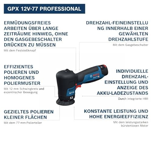 Bosch Professional 12V System Akku-Polierer GPX 12V-77 (inkl. montiertem 77 mm Klett-Stützteller, 77 mm Polier- und Scheuerschwamm)