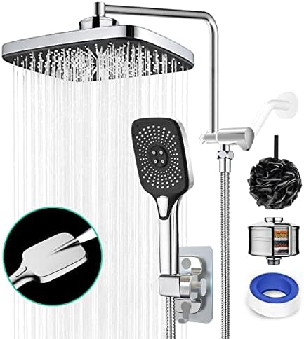 12" Rain Shower Head with 4 Settings High Pressure Handheld Spray Dual Shower Head Rainfall Shower head with 12" Adjustable Shower Extension Arm, 79" Shower Hose Free Shower Filter for Hard Water