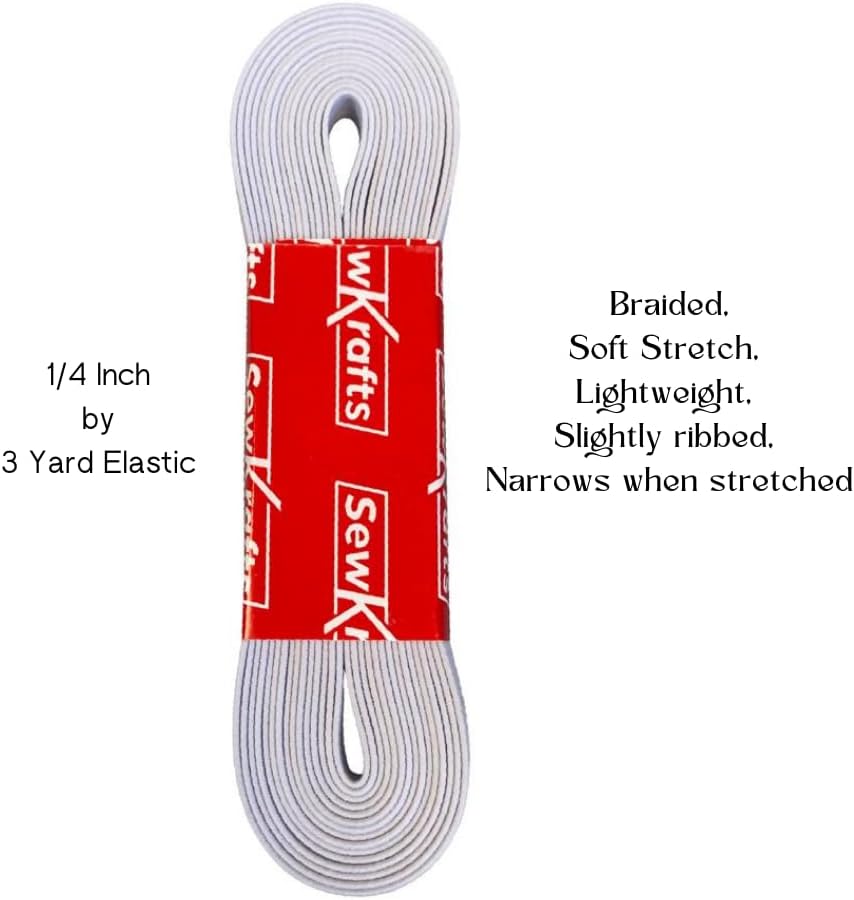 SewKrafts Braided Elastic for Sewing, 1/4 Inch x 3 Yards, White, Soft & Stretchy Elastic for Scrunchies, Necklines, Waistbands, Leg Bands & Swimwear - Durable Stretch Strap