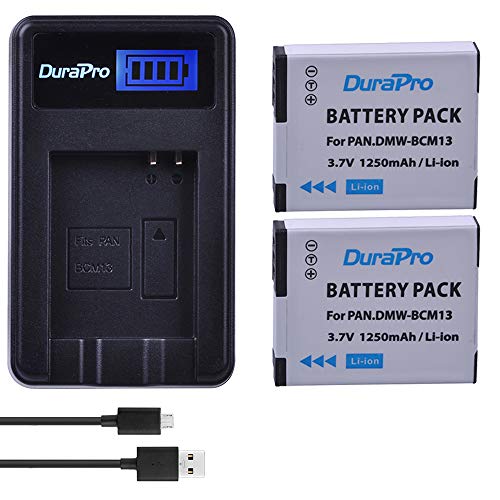 DuraPro Lot de 2 batteries 1250 mAh DMW-BCM13 + chargeur USB LCD pour appareils photo Panasonic Lumix ZS40 / TZ60, ZS45 / TZ57, ZS50 / TZ70, ZS27 / TZ37, TZ41