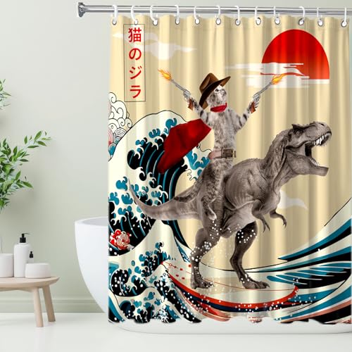Image of Funny Cute Cat Shower Curtain, Japan Cat Dinosaur Surfing Ocean Sea Wave Fabric Shower Curtains Set, Japanese Art Shower Curtains with Hooks, Kids Bathroom Decor 72x72inch