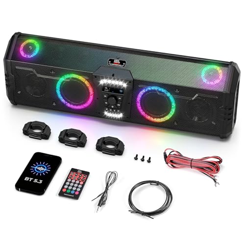 KEMIMOTO Midnight 90 UTV Sound System All-in-One Audio Roof Speaker w/Dual 5.25" Woofer RGB, IP66 Waterproof Compatible with Polaris RZR Pro Can-Am X3 Max Defender Commander, Roll Bar Mounted Only
