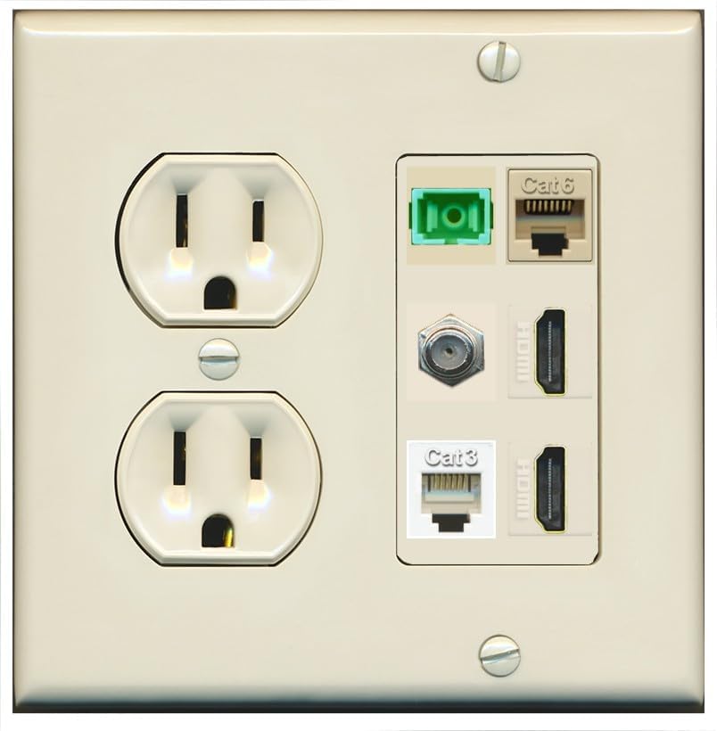RiteAV 1 Port Fiber Optic Jack SC Simplex APC + Cat6 + Coax + 2 x HDMI + Phone Wall Plate - Round Outlet [Light-Almond]