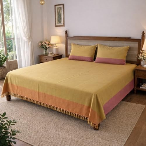 Image of RANGBHAR Handloom Premium Bedsheet King Size | 100% Cotton Bed Sheet with 2 Pillow Covers | Hand Woven, Striped Bed Cover | 250 GSM Premium Heavy Bedspread | King Size 100x98 inch | Mustard