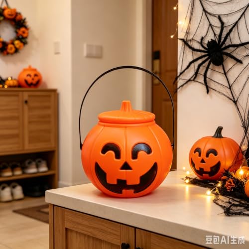 Plastic Pumpkin Bucket, Halloween Pumpkin Treat Pail with Handles and Lid - image 6