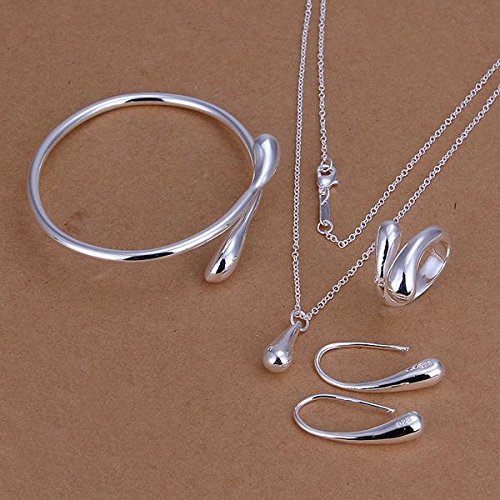 KeyZone Women Fashion Silver Plated Jewelry Sets Necklace+Bracelet+ Ring +1 Pair Earrings