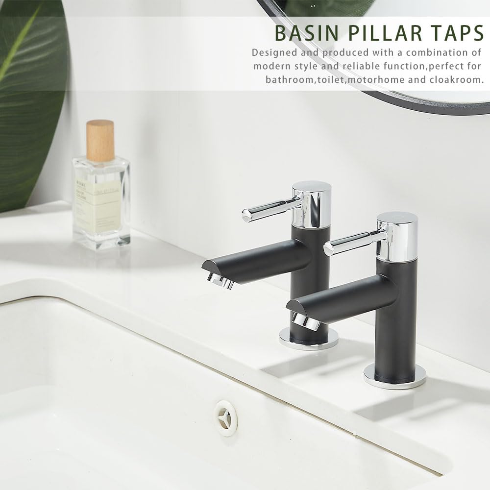 Maynosi Bathroom Basin Pillar Taps, Pair Basin Sink Mixer Taps, 1/4 Turn Washroom Pair Faucets, Twin Lever Modern Taps works - Image 2