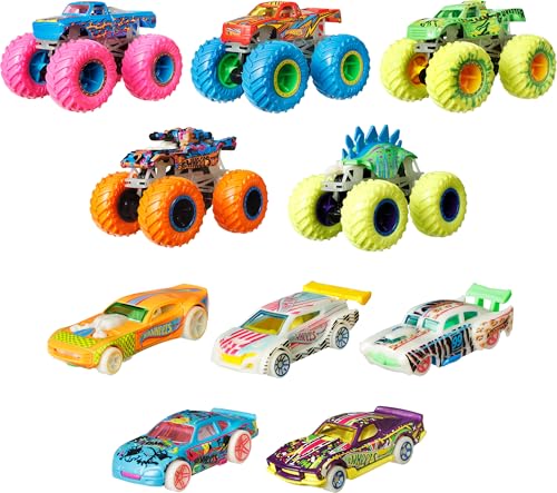 Image of Hot Wheels Toy Monster Trucks 10-Pack of Glow-in-the-Dark 1:64 Scale Vehicles, GITD Set of 5 Trucks & 5 Cars, Play Vehicles for Kids & Collectors
