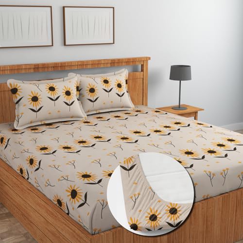 Image of NEW LEAF Cotton Fitted King Bedsheets with 2 Pillow Covers | Elastic Fitted | Wrinklefree | Ultrasoft |Winter Bedsheet 200 to 220 tc Floral | 78x72+8 Inches, Floral Sunflower | Skin