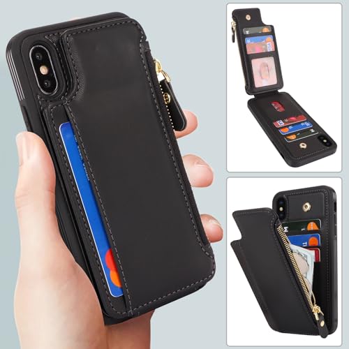 Cavor for iPhone Xs Max Case with Card Holder,iPhone Xs Max Wallet Case for Women Men,Phone Case iPhone Xs Max Case with Wallet,Leather Magnetic Clasp Zipper Pocket Card Slots Cover-Black