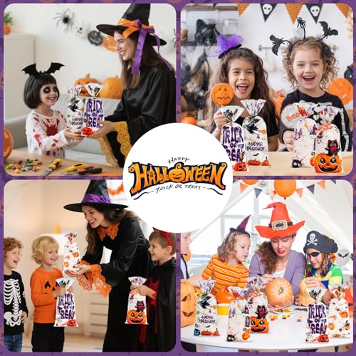 100 Pcs Happy Halloween Cellophane Treat Bags, Trick or Treat Candy Bag, Plastic Pumpkin Ghost Cookie Snack Goodie Goody Bags with Twist Ties for Halloween Gifts Wrap Party Decorations Supplies Favors - image 2