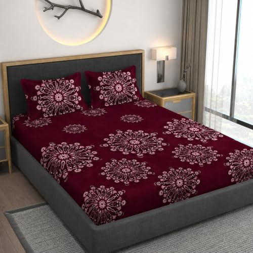 Image of Vaini Premium Heavy Cotton Flat Bedsheets with 2 King Size Pillow Covers || Double Bed 350 TC || 90 x 100 Inch King Size Flat || :- Maroon Big Flower