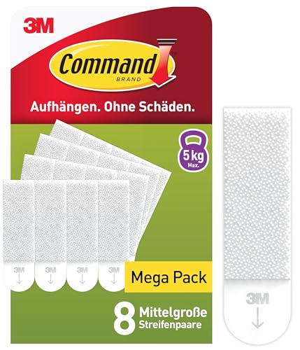 Command Klebestreifen Packung 8x2 Mittel (16 Strips) Weiß - Bilder Aufhängen ohne Bohren Streifen halten bis zu 5 kg Rückstandsfreies Ablösen