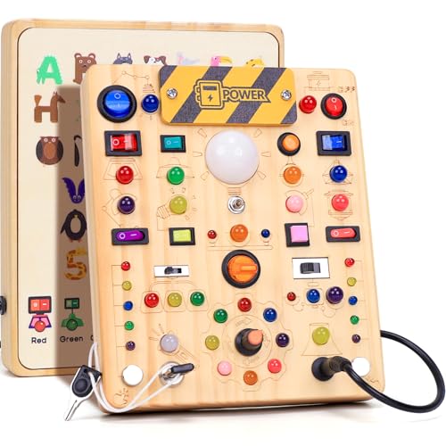 Image of Busy Board with LED Light Switches, Montessori Toys for 1 2 3 Years Old, Toddlers Wooden Toy Sensory Activity Board, Travel Toys for 1+ Year Old Boy & Girl Birthday Gift (19 Switches)